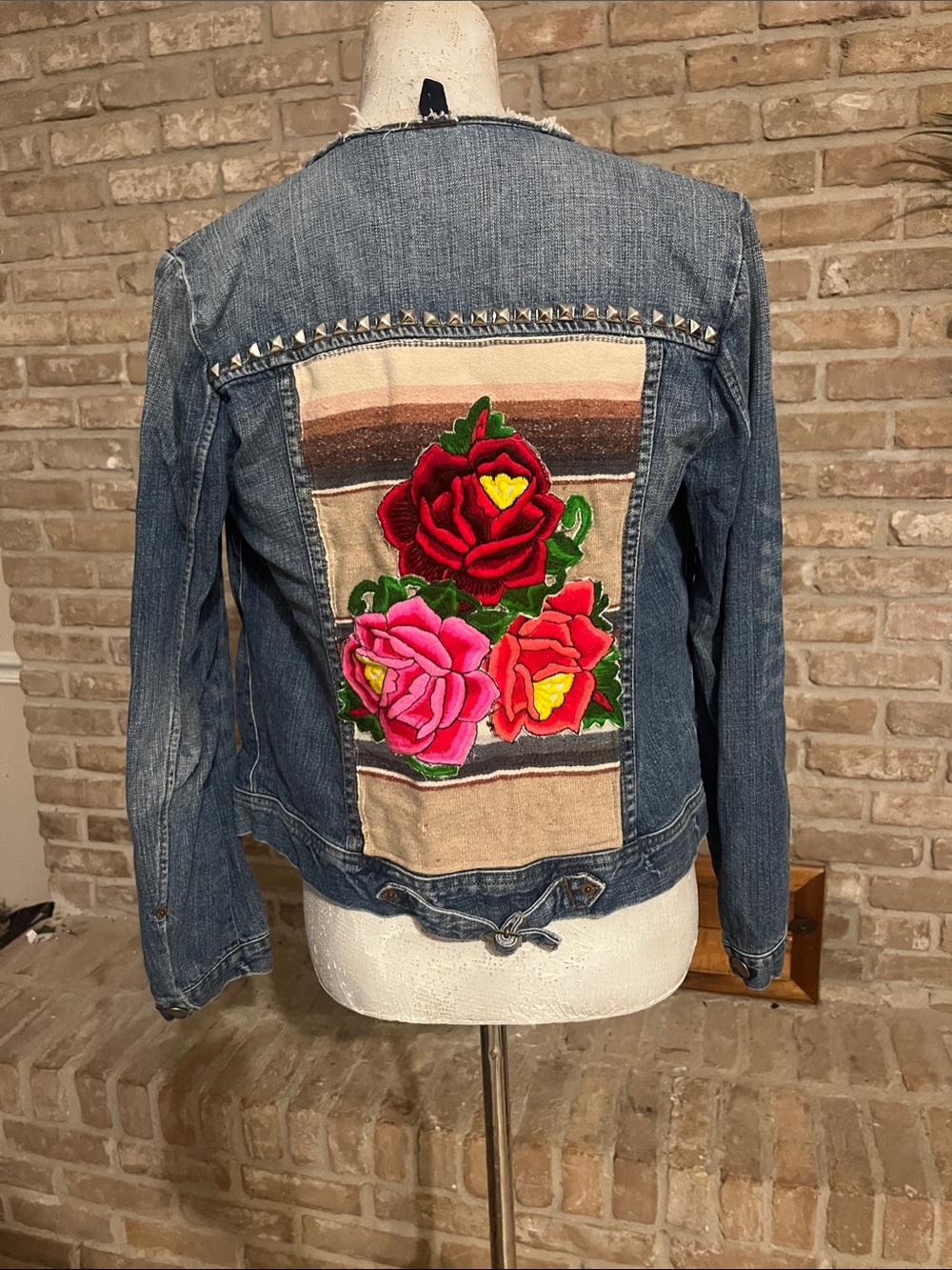 J. Crew Blue Denim Jacket with Red & Pink Rose Patch Fits Sm/M